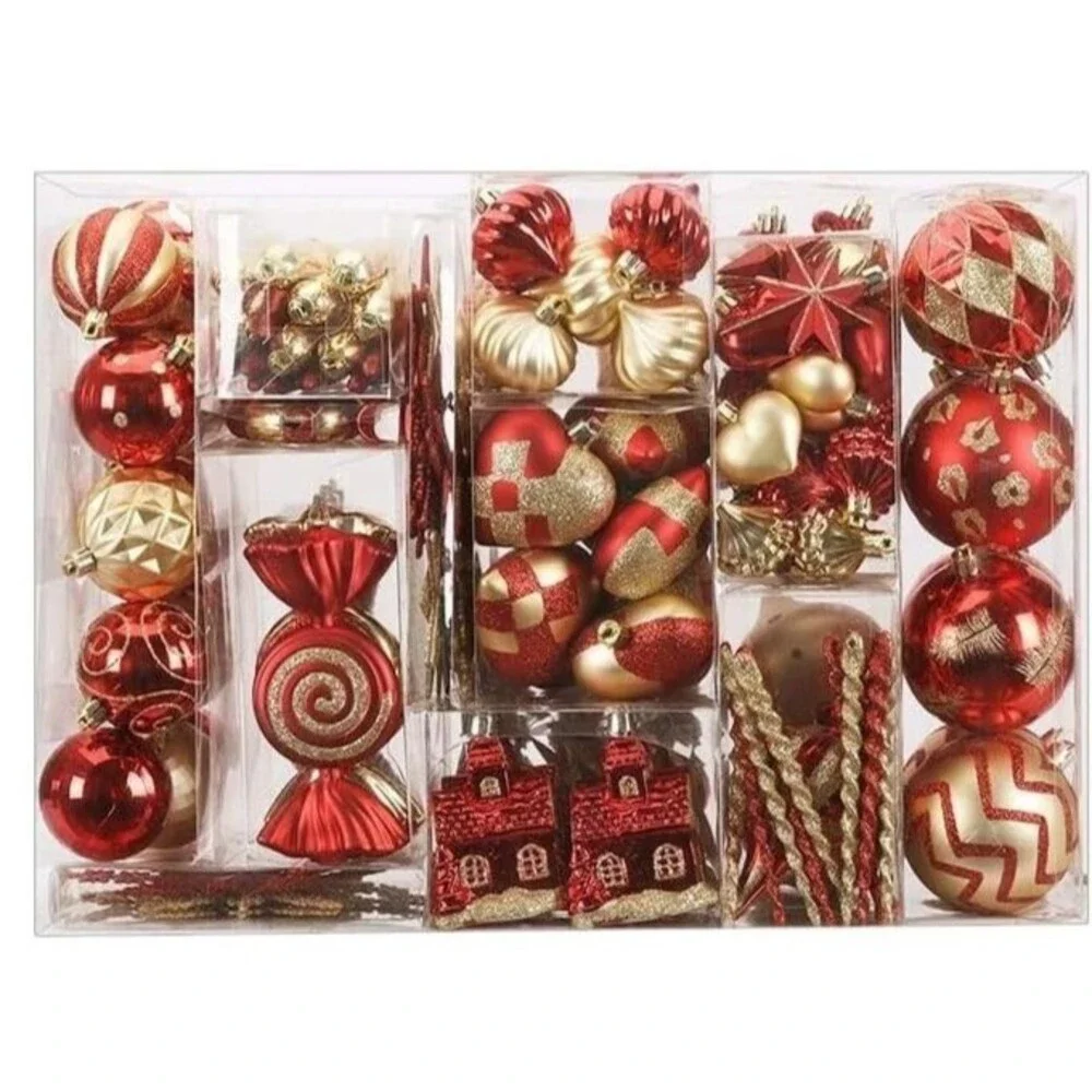 145 Piece Shatterproof Red Gold Christmas Ornament Set Tree Decor